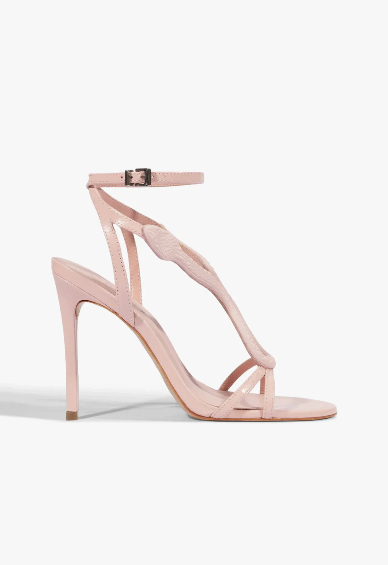 Sandália Salto Alto Fino Adornos Couro Rosa