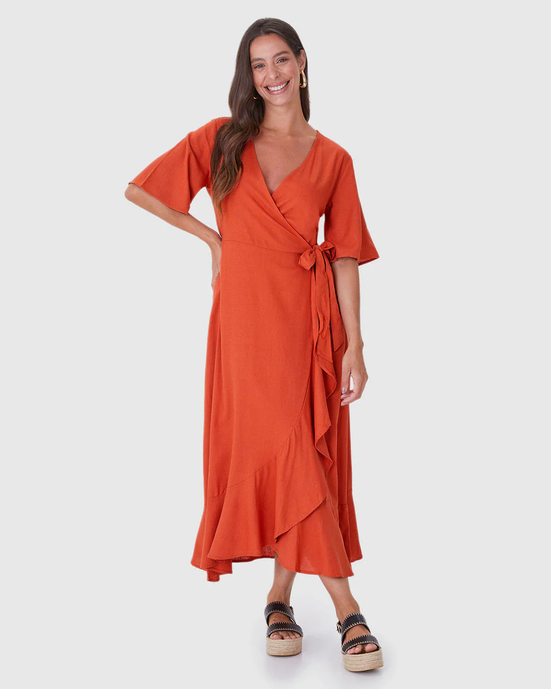 Vestido Midi Feminino Transpassado Amarração Funcional Em Viscolinho