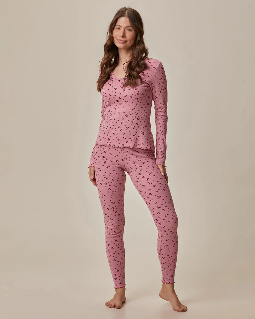 Pijama Longo Feminino Blusa E Calça Legging Estampa Com Glitter Em Ribana