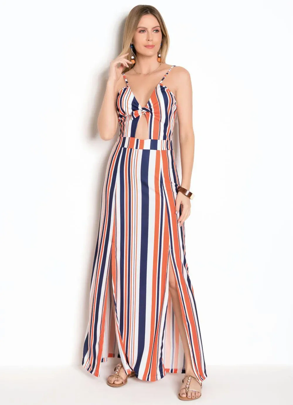 Moda Pop - Vestido Listrado com Laço no Decote e Fendas