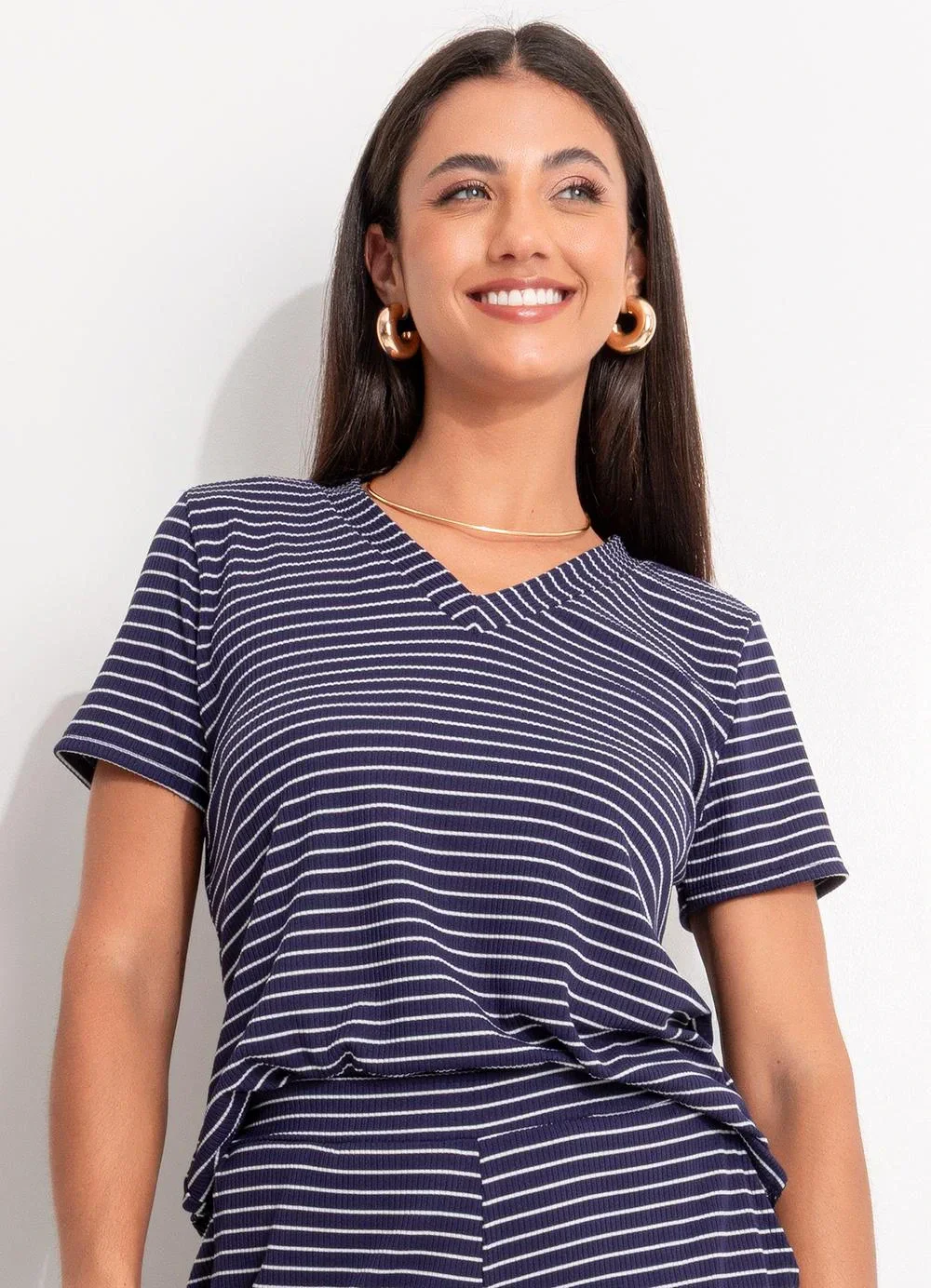 Quintess - Blusa Listrado Marinho e Branco em Canelado