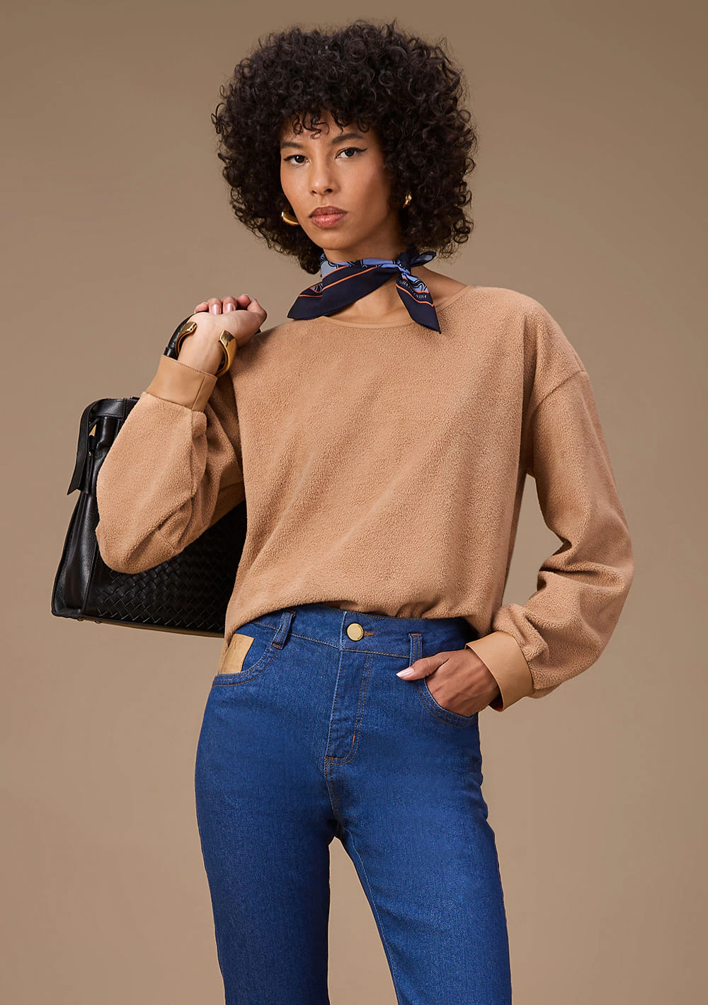 Blusa Maria.Valentina Solta Gola Alta Manga Longa Padrão Marrom