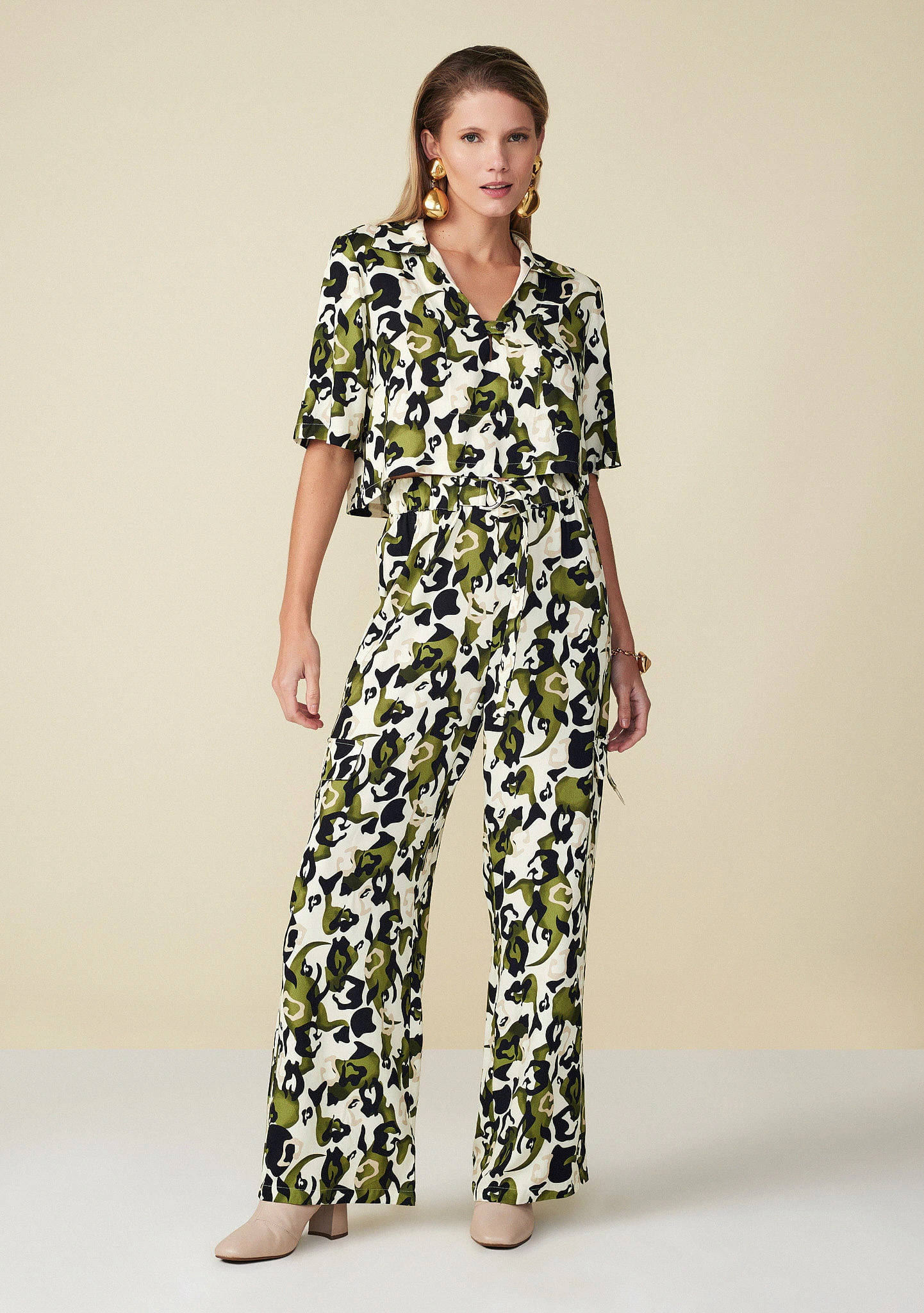 Calça Maria.Valentina Reta Cós Elástico Estampada Verde