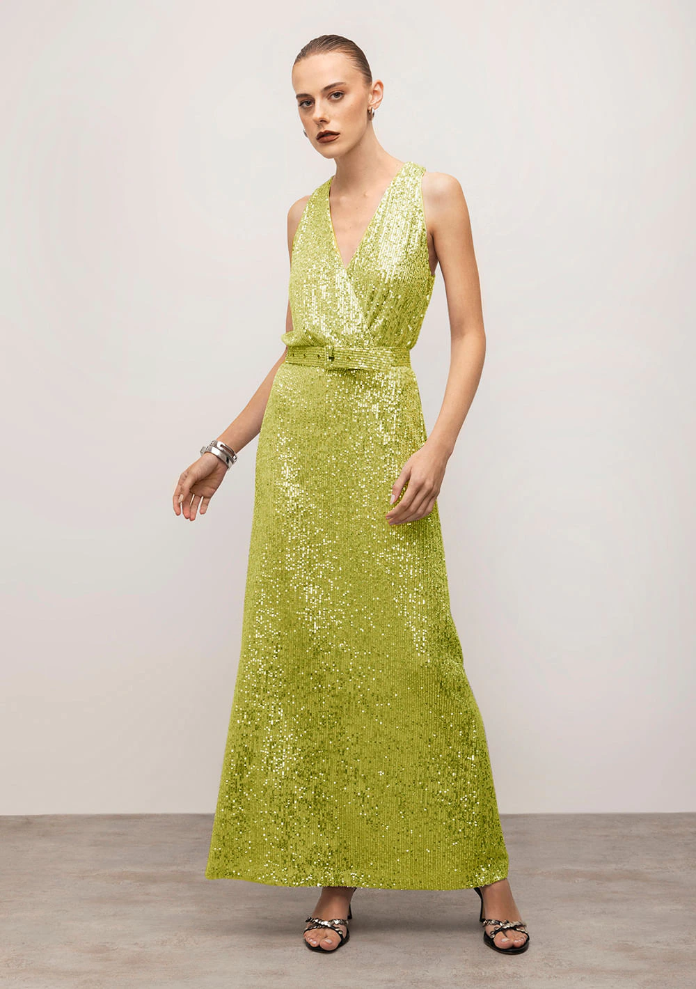 Vestido Iódice Longo Decote V Transpasse Frente Verde Claro