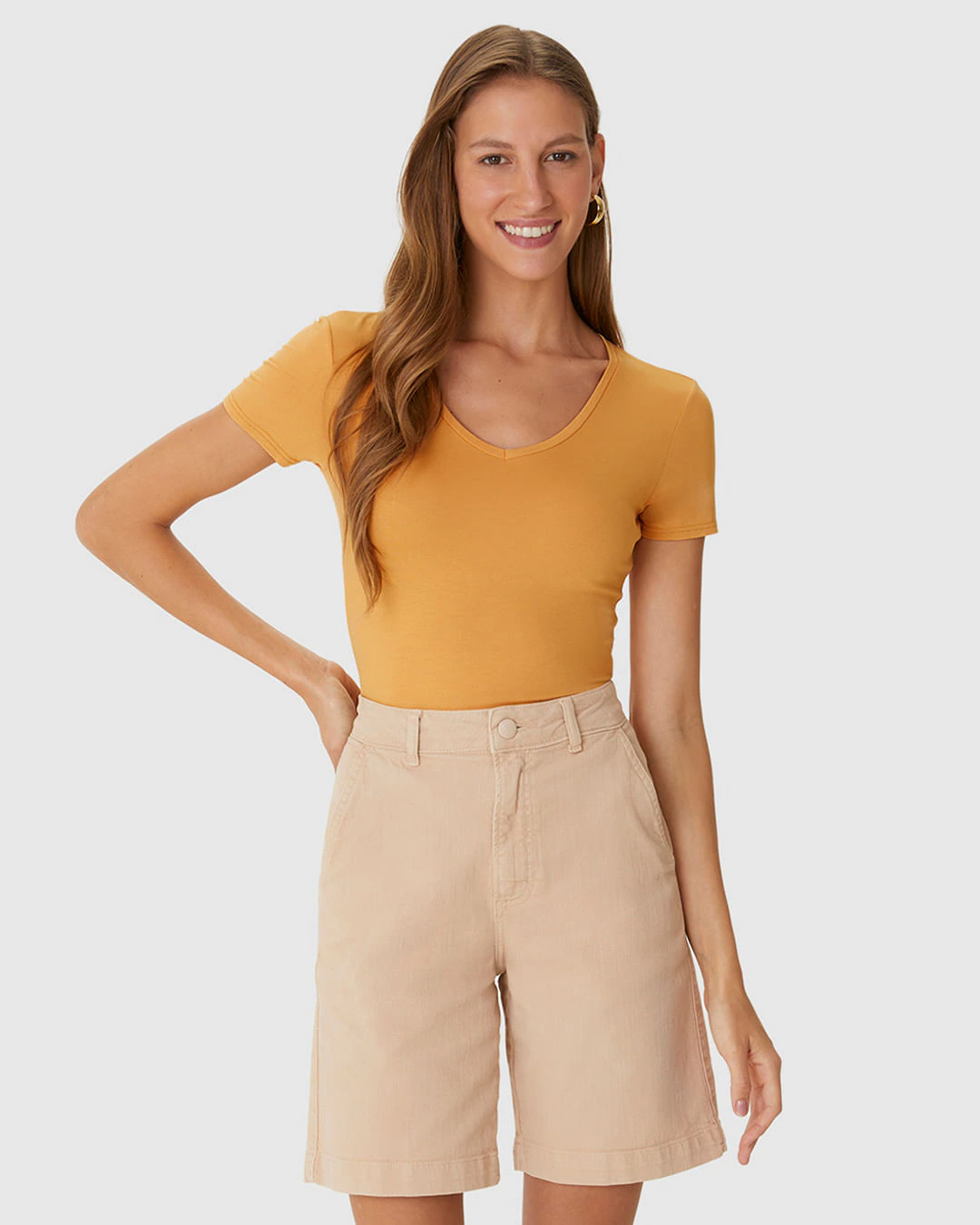 Blusa Básica Feminina Decote V Em Viscose Stretch