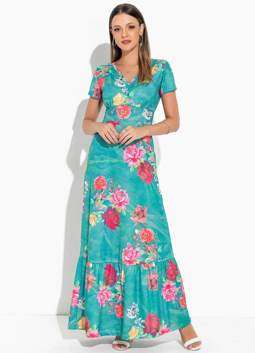 Rosalie - Vestido Floral Verde Longo