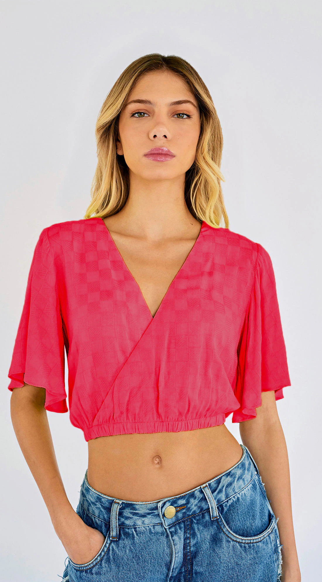 Blusa Zinco Decote Transpassado Manga Curta Detalhe Elástico Pink