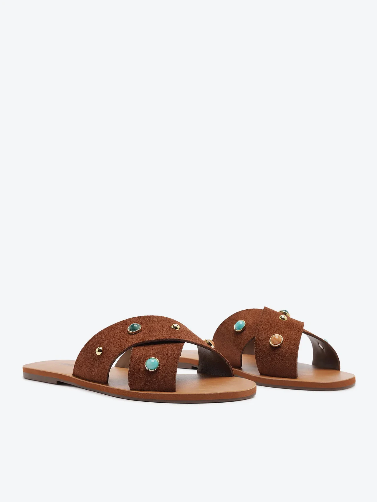 Rasteira Tiras Cruzadas Pedrarias Couro Marrom Cinnamon