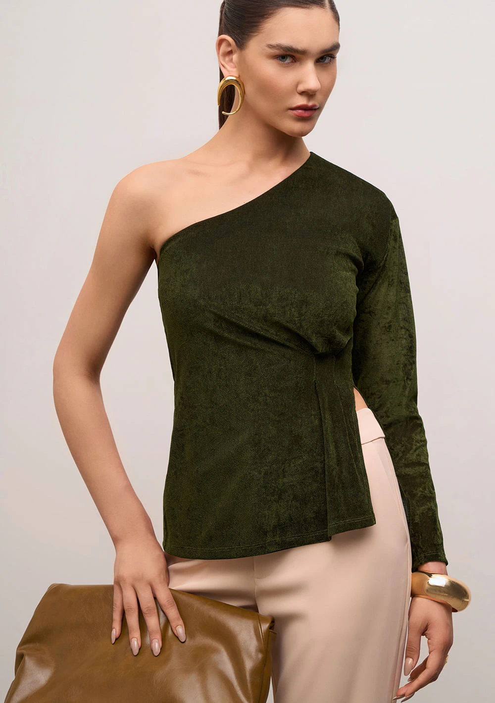 Blusa Iódice Ajustada Um Ombro Só Manga Longa Padrão Verde