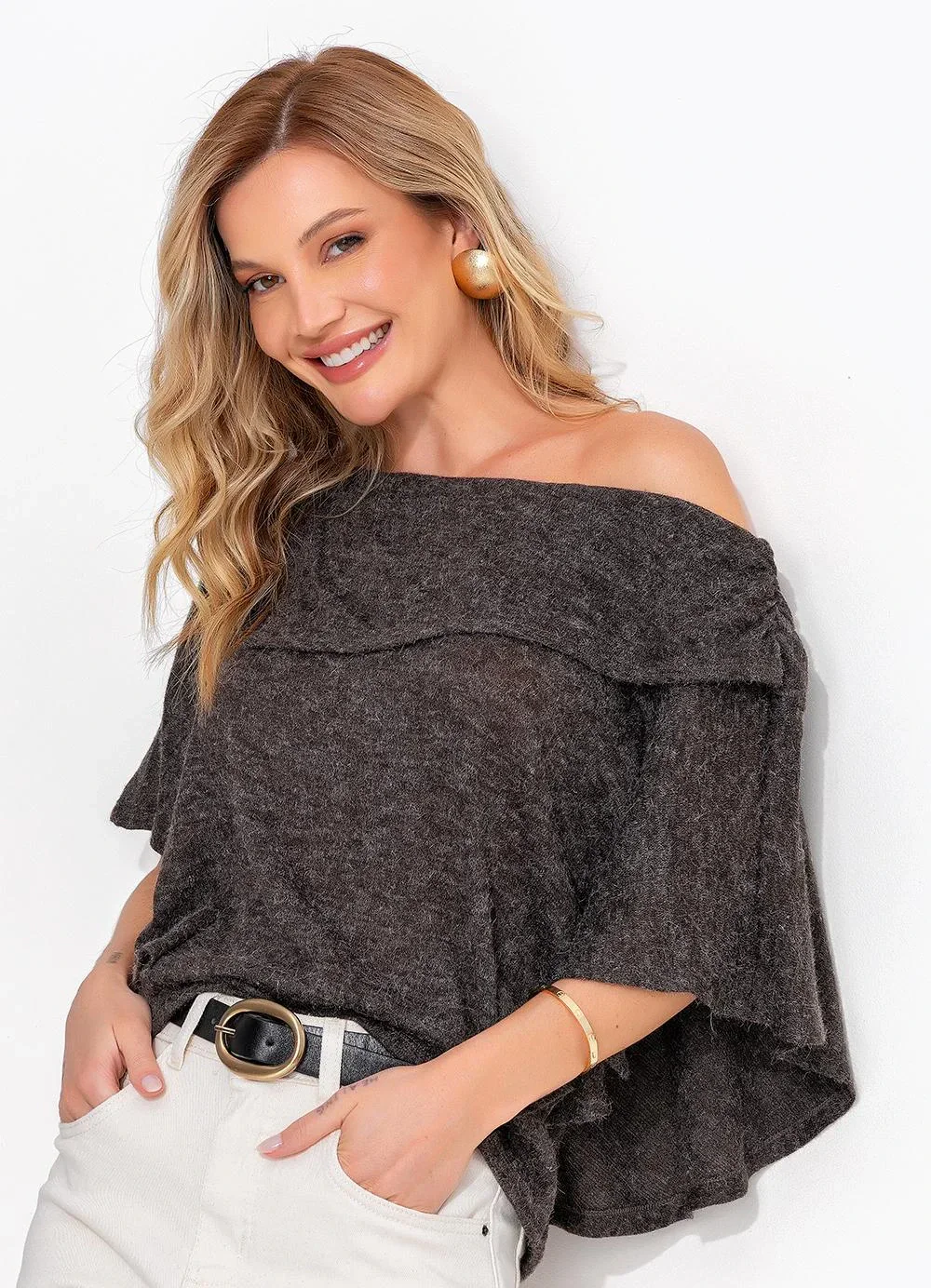 Quintess - Blusa Marrom em Malha Tricot Angorá