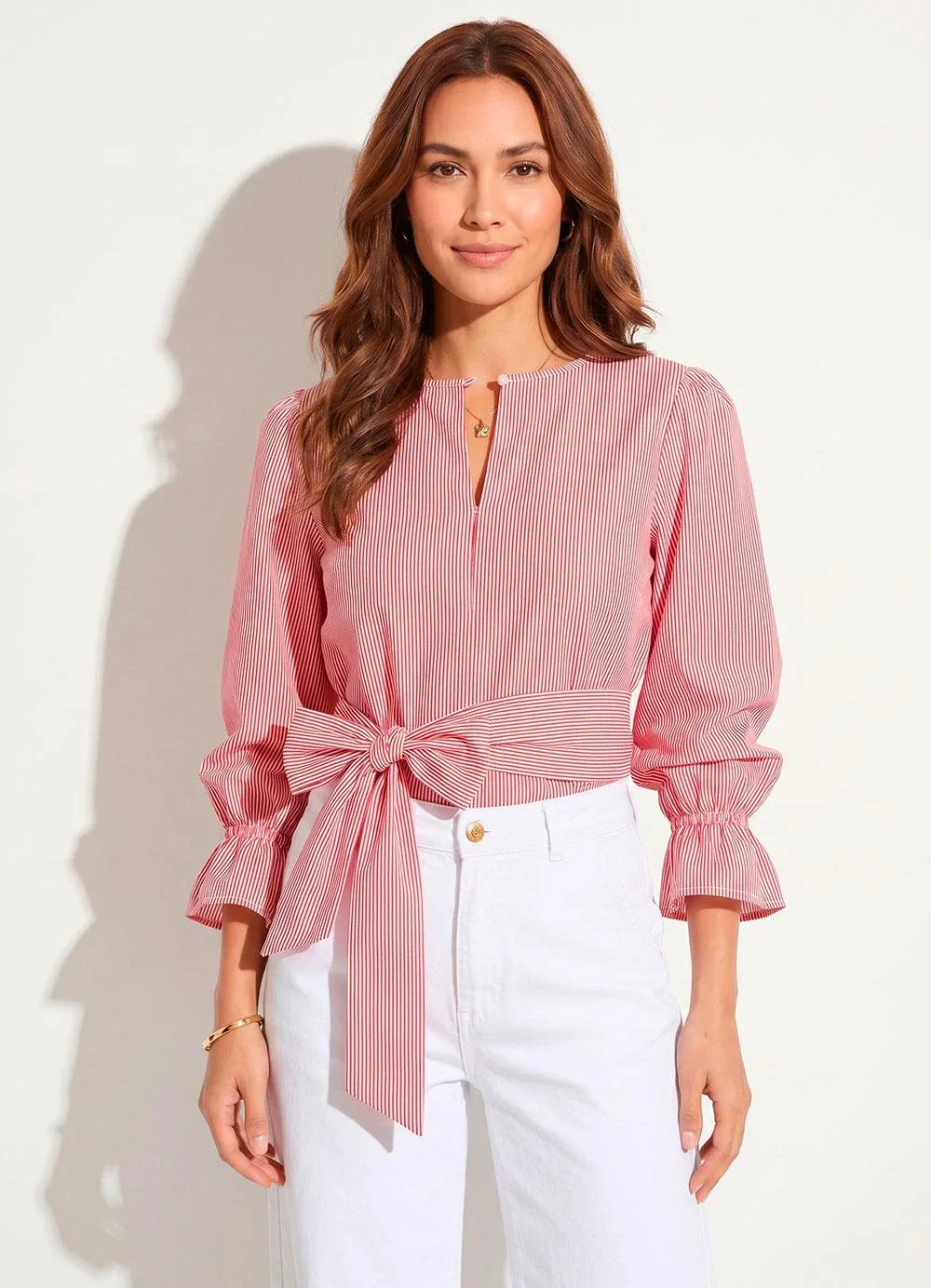 Quintess - Blusa Listrado Vermelho em Tricoline