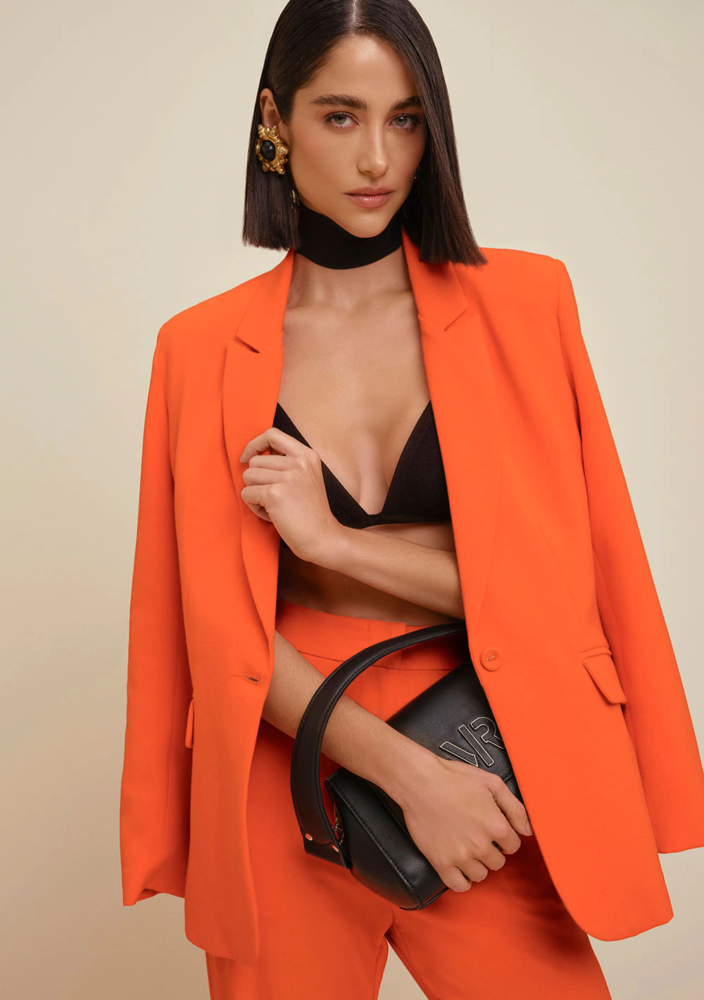 Blazer Morena Rosa Acinturado Com Lapela Laranja