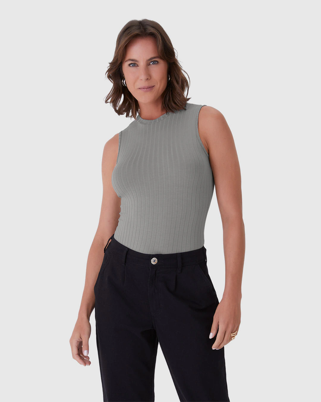 Regata Básica Feminina Gola Alta Em Canelado De Viscose