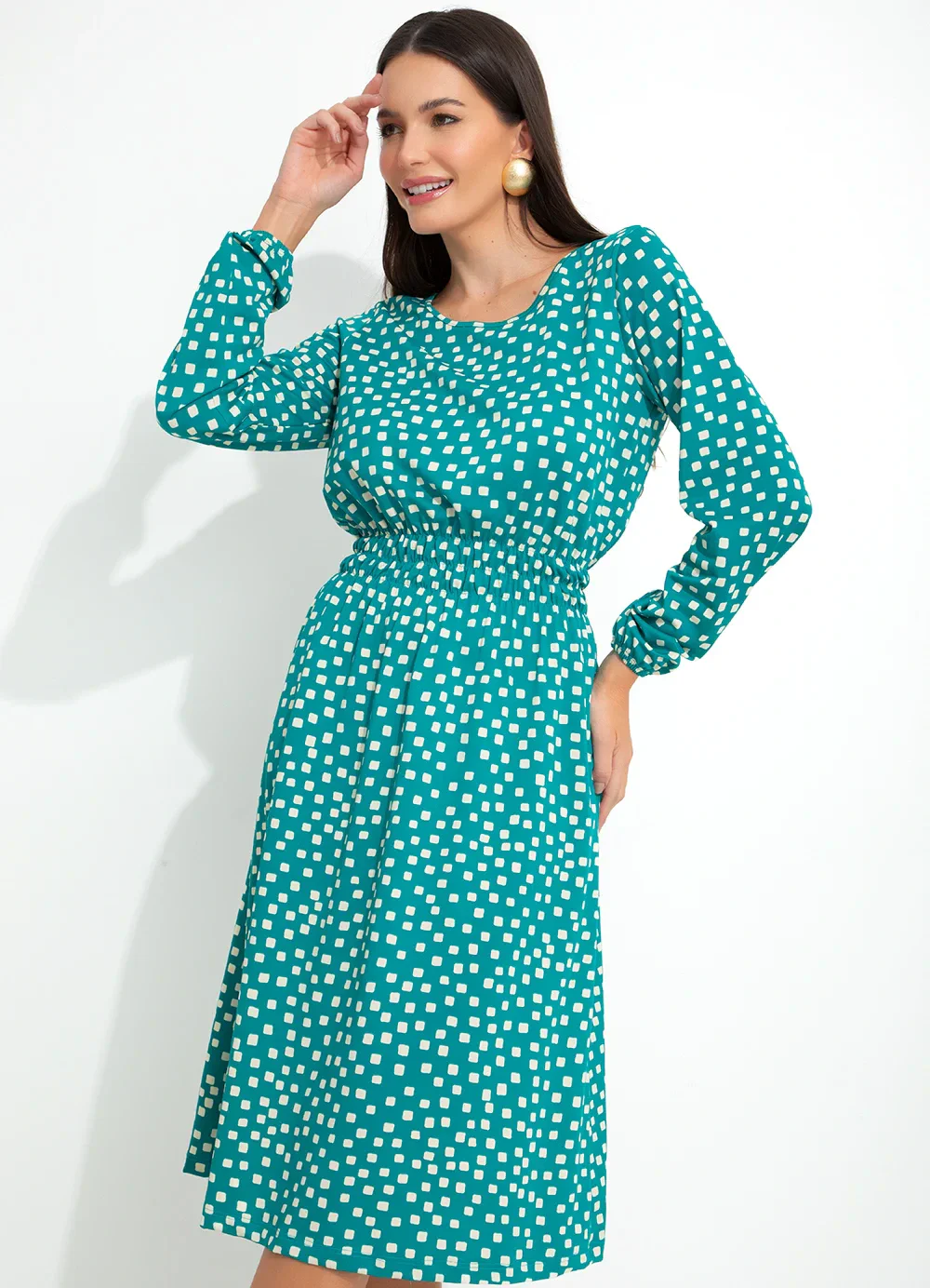 bonprix - Vestido Manga Longa Geométrico Verde