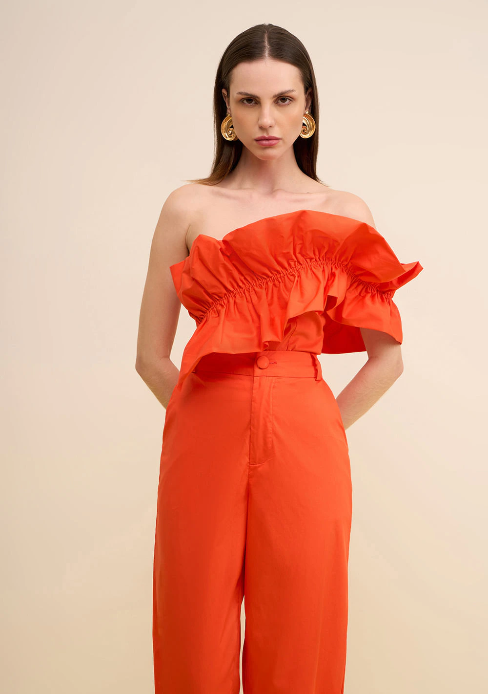 Blusa Zinco Solta Decote Reto Sem Alça Padrão Laranja