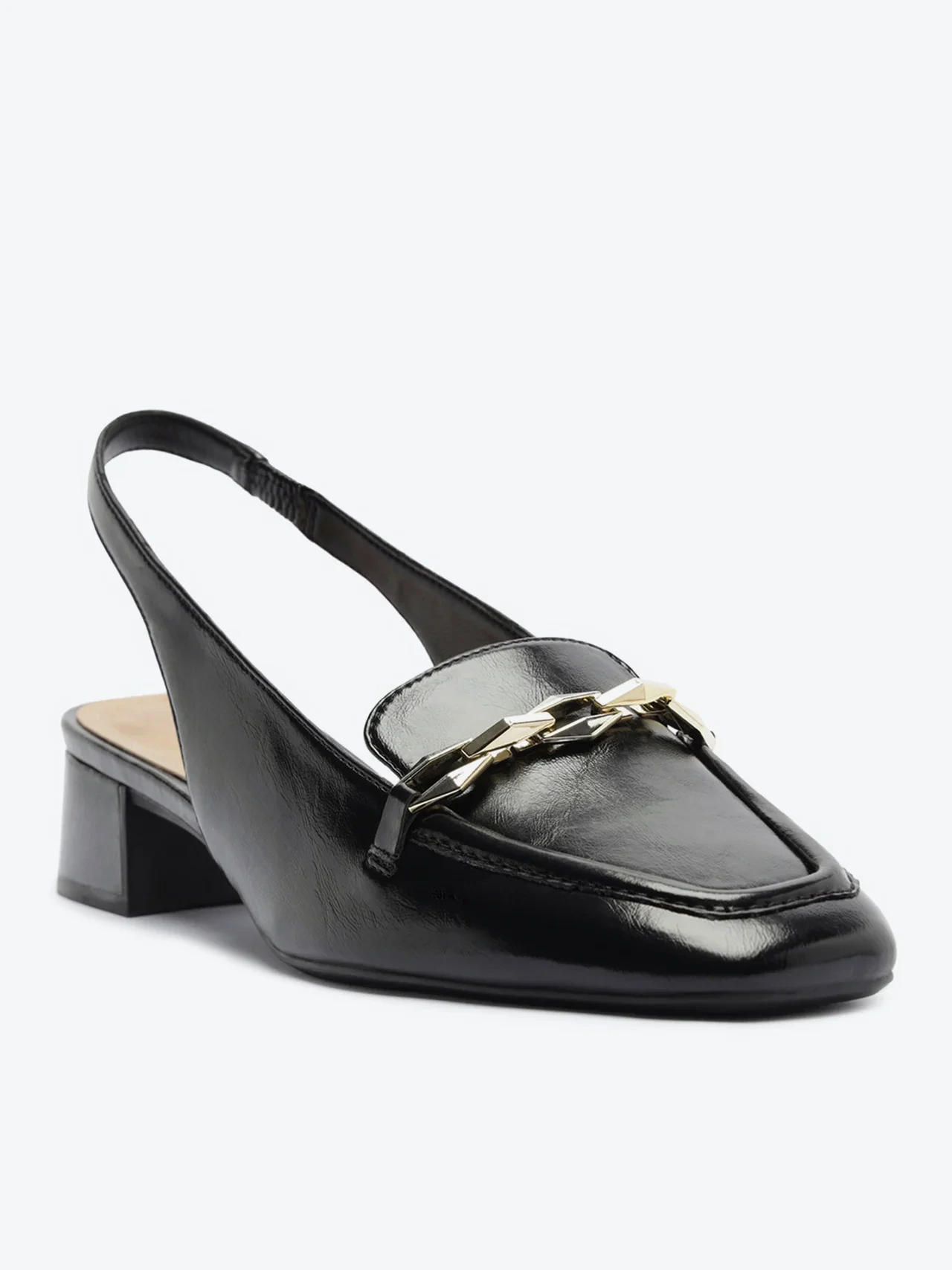 Mocassim Slingback Salto Bloco Corrente Preta