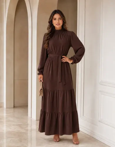 Vestido Longo Feminino Manga Longa Gola Alta Evangélico Luxo