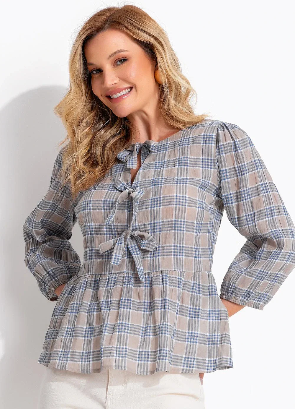 Quintess - Blusa Xadrez Azul em Gaze de Algodão