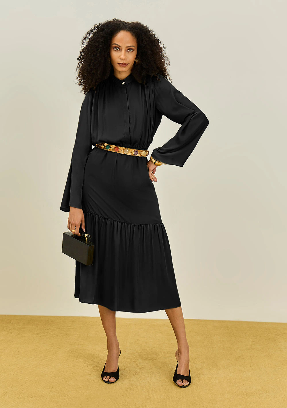 Vestido Maria.Valentina Solto Gola Padre Manga Longa Midi Preto