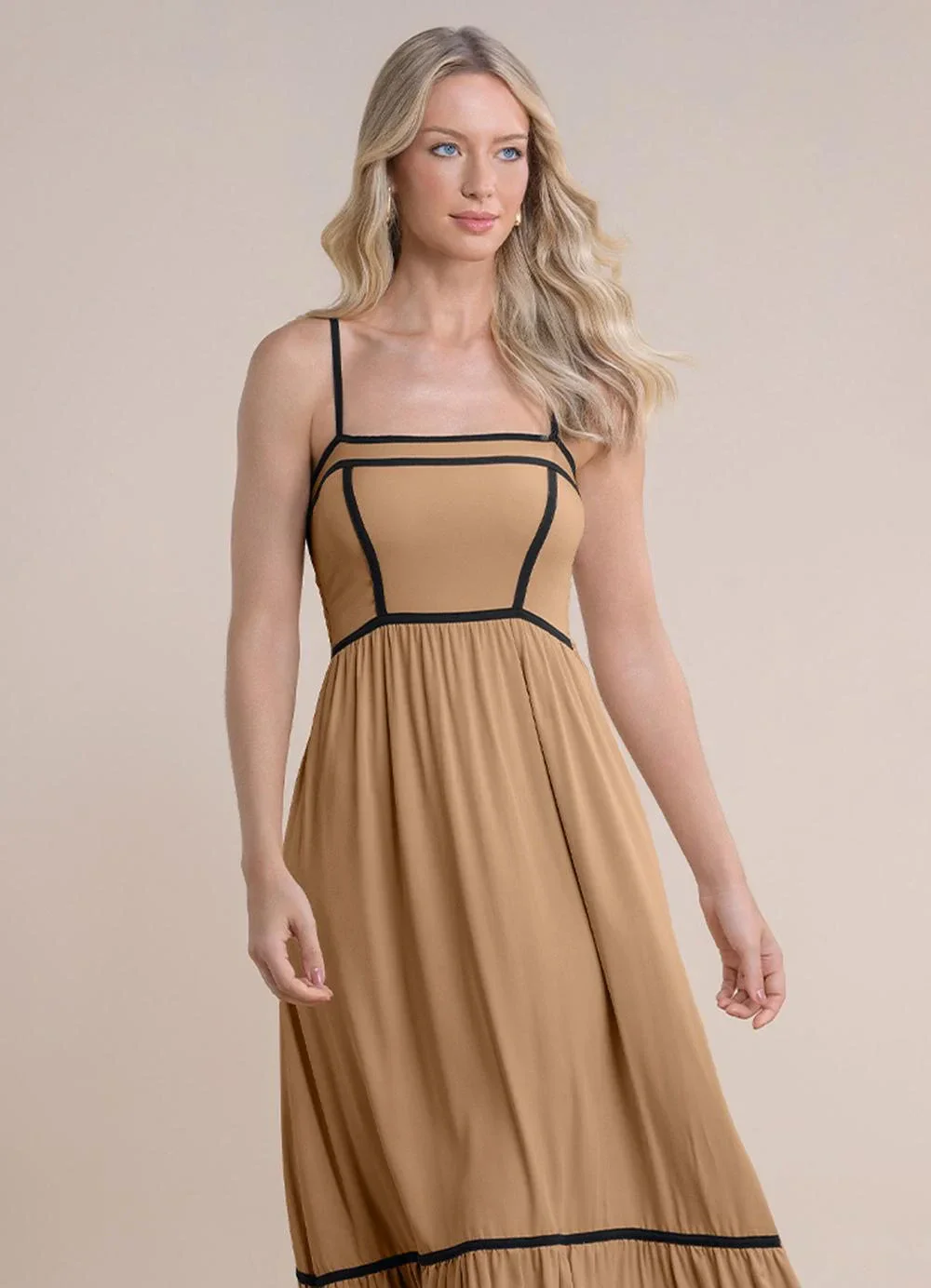 Angel - Vestido Midi Viscose Lisa Bege