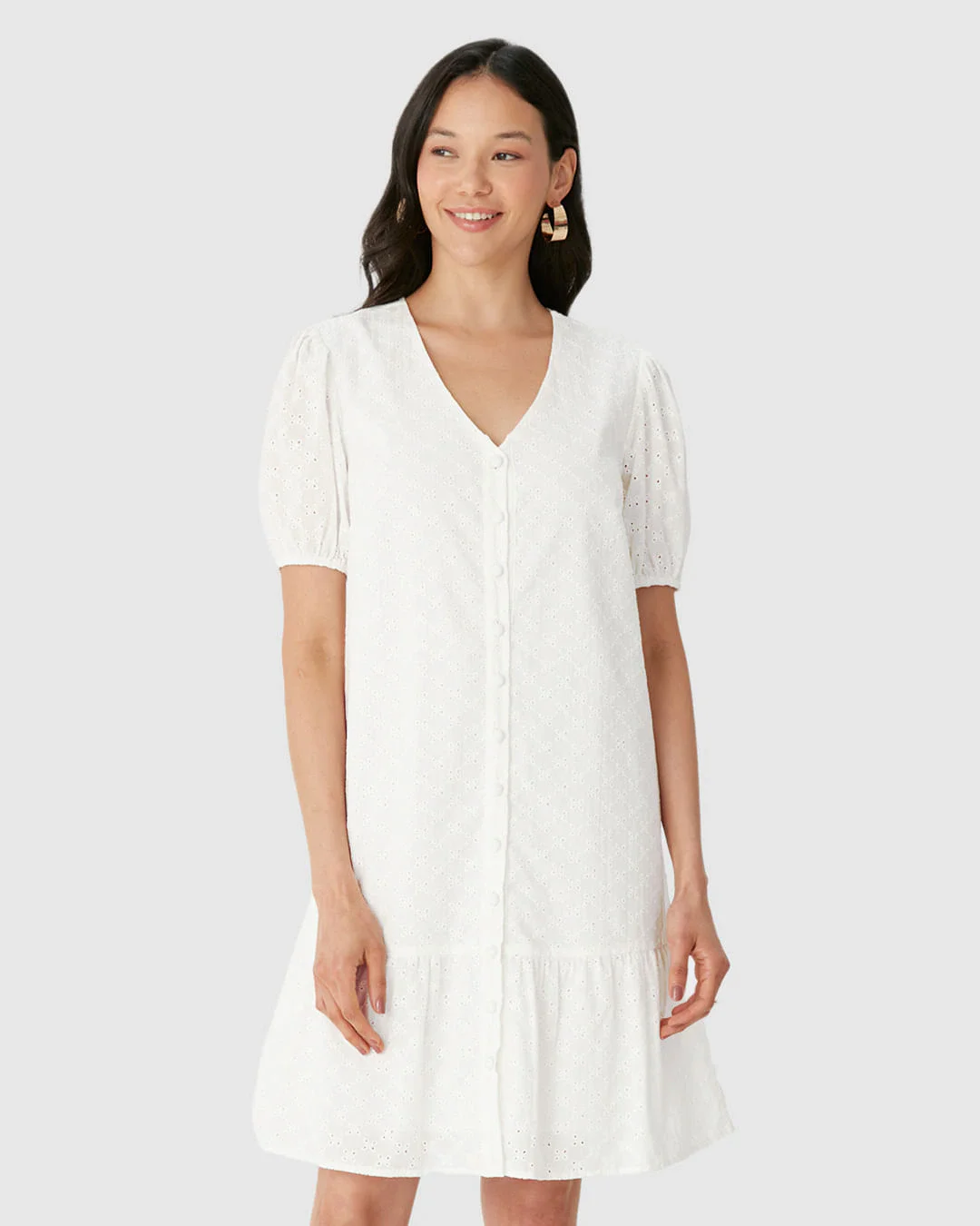 Vestido Feminino Decote V Abotoamento Frontal Em Laise Algodão
