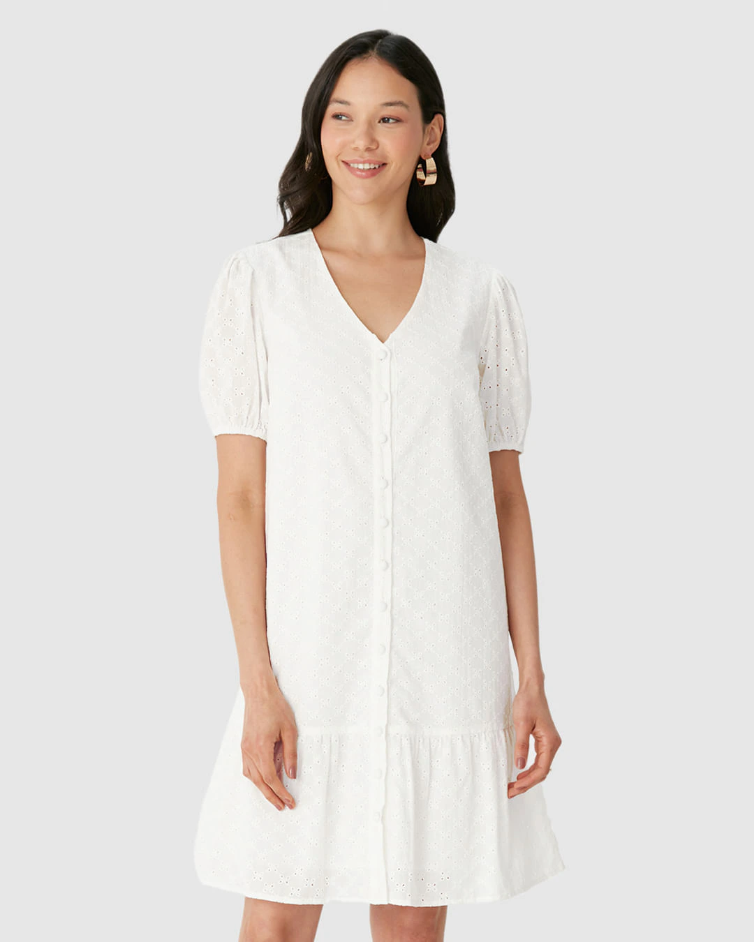 Vestido Feminino Decote V Abotoamento Frontal Em Laise Algodão