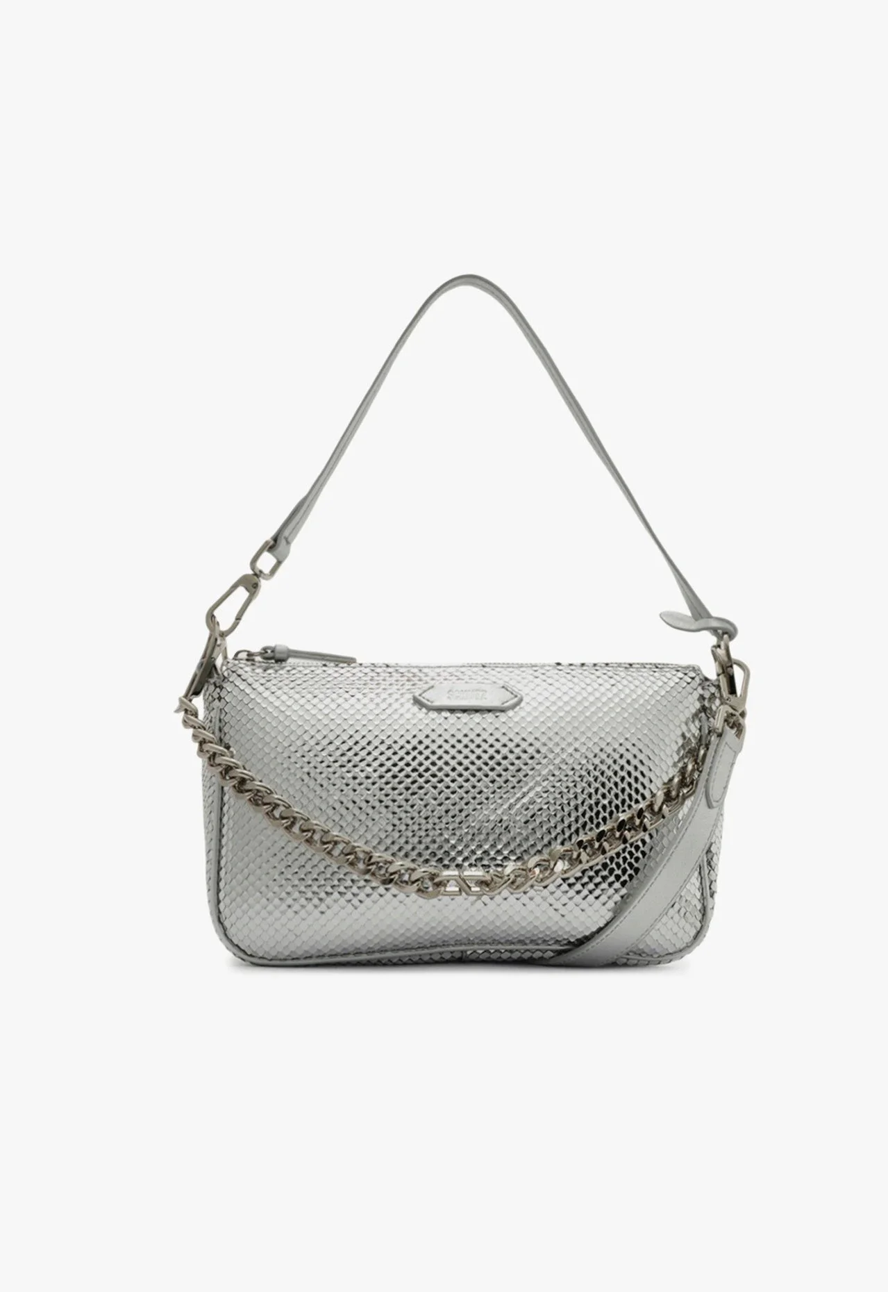 Bolsa Tiracolo Grande Emmy Couro Snake Prata