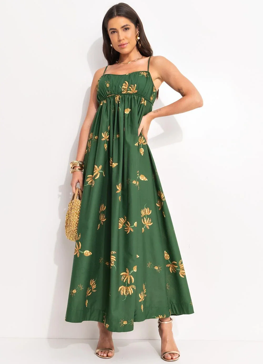 Farm - Vestido Longo Brilho de Banana Verde