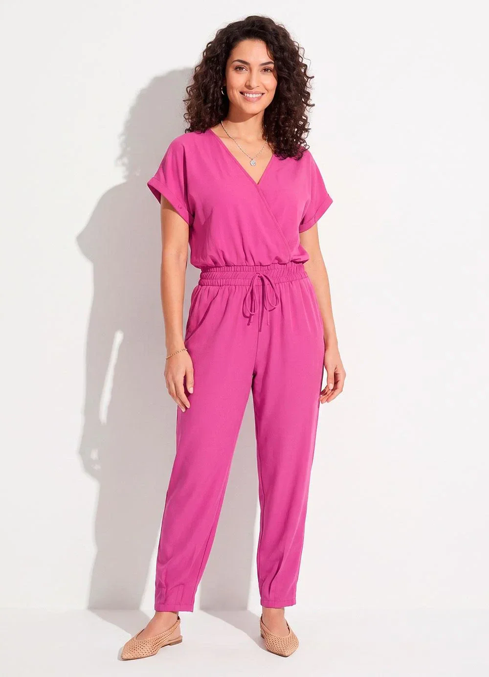 Quintess - Macacão Longo Pink Acinturado com Bolsos