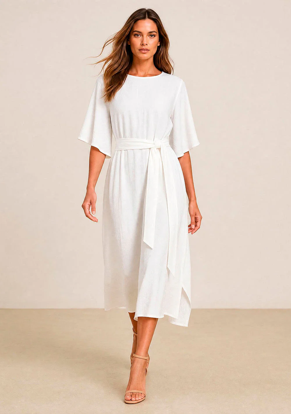 Vestido Maria.Valentina Solto Decote Careca Manga 3 Quartos Midi Off White