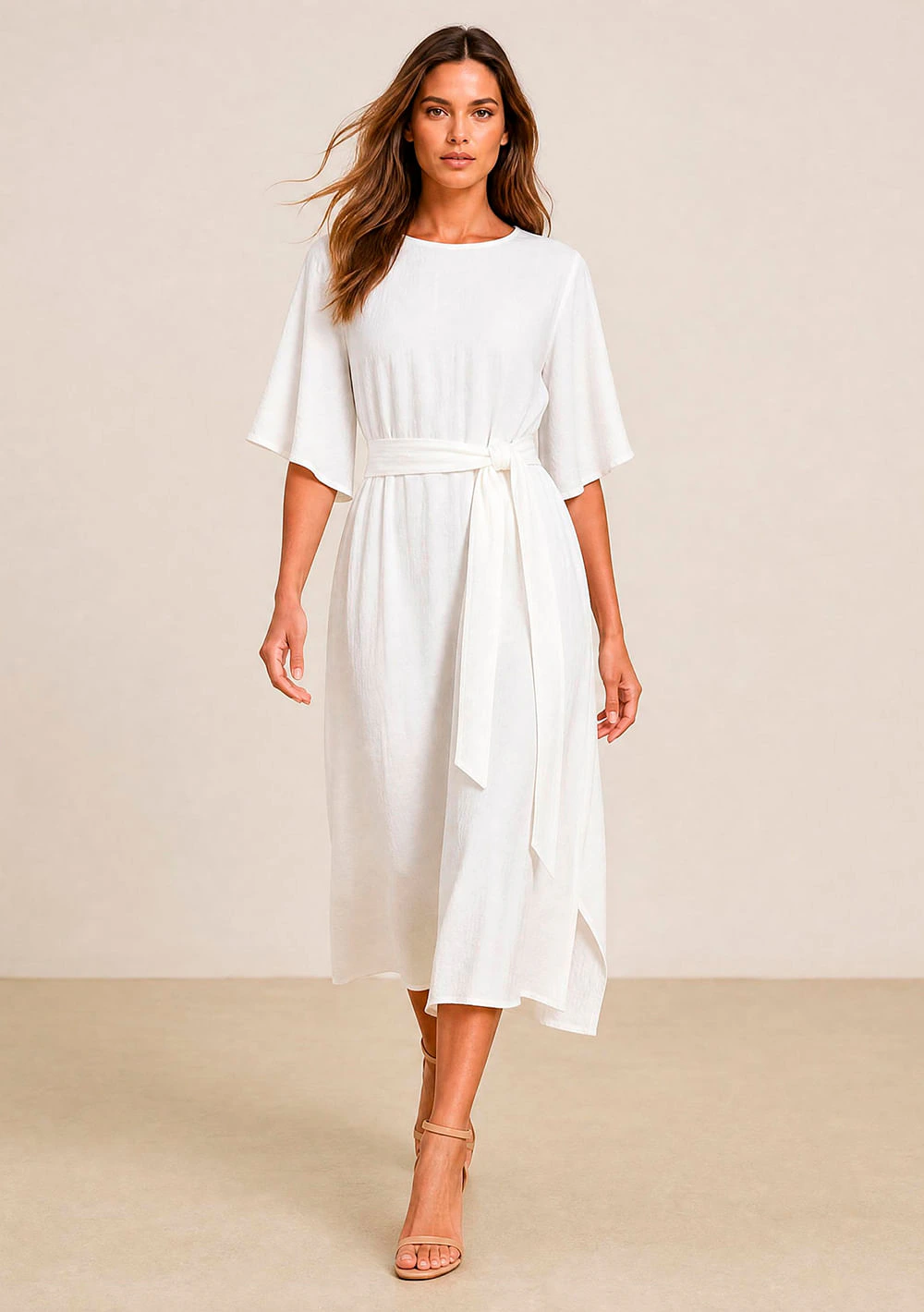 Vestido Maria.Valentina Solto Decote Careca Manga 3 Quartos Midi Off White