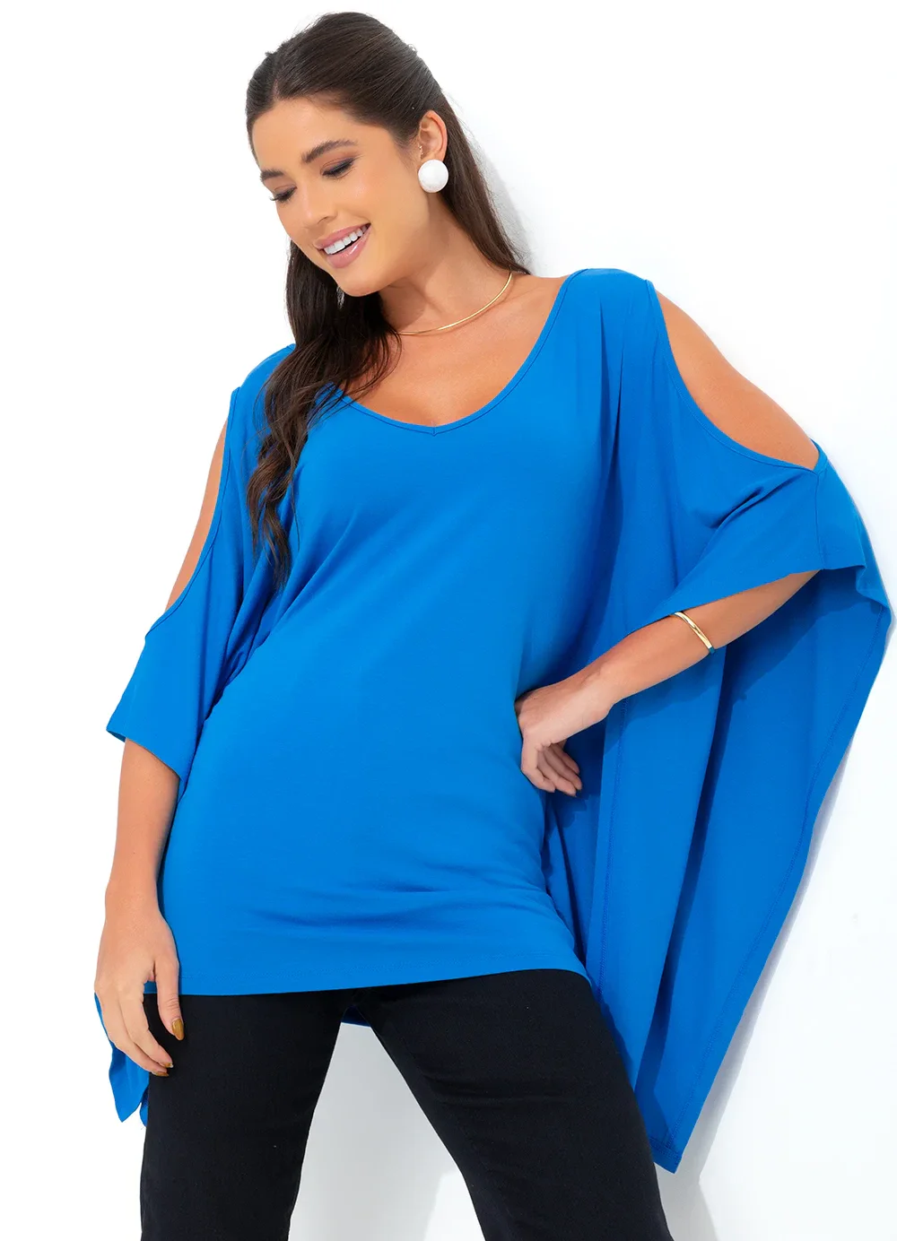 bonprix - Blusa Manga 3/4 Morcego Azul