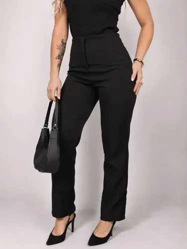 Calça Feminina Alfaiataria Social Reta Lisa Cintura Alta