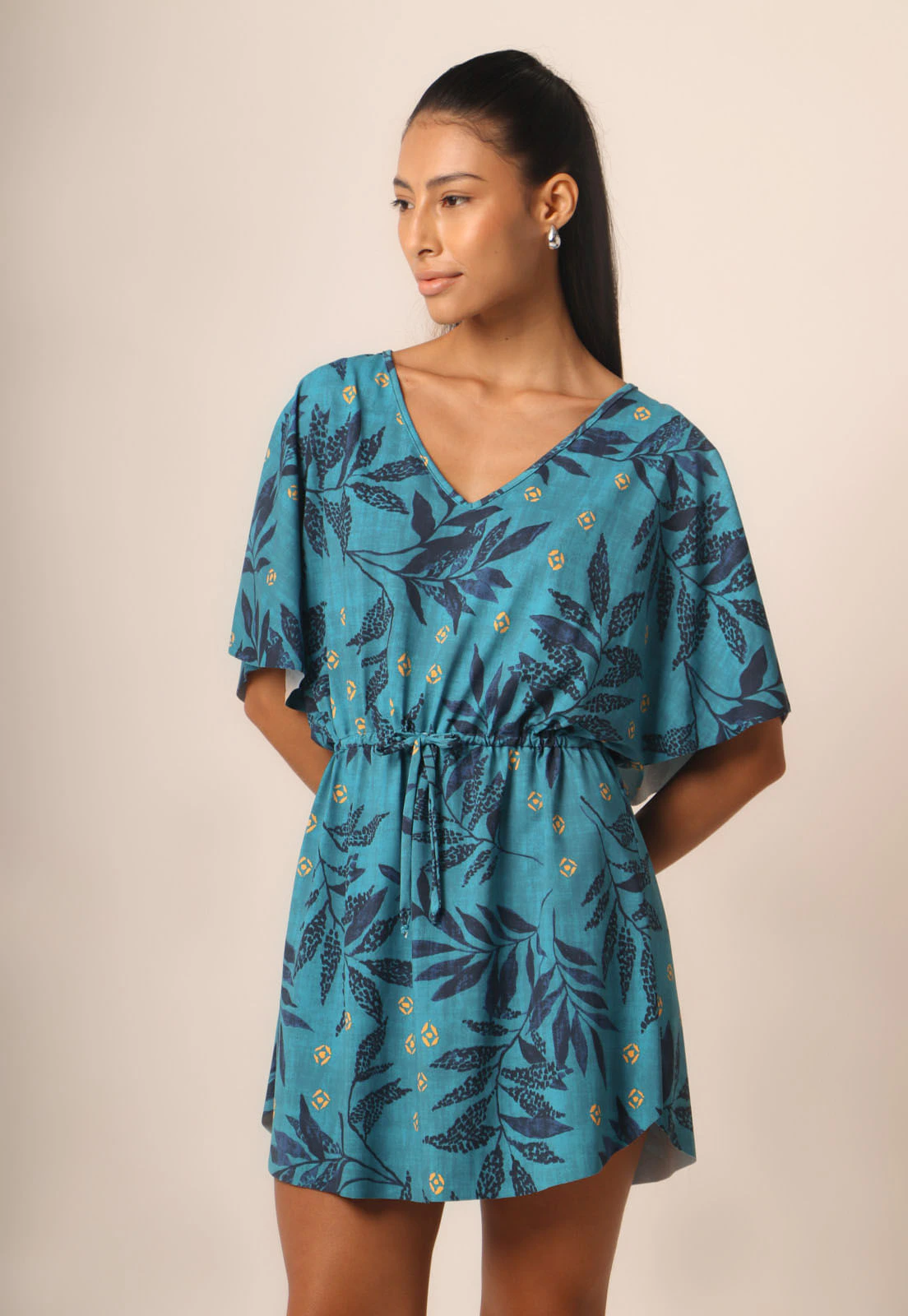 Vestido Fluxy Amplo Com Amarração - Nature Print Blue