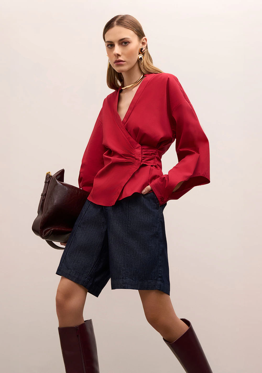 Camisa Iódice Solta Decote V Manga Longa Padrão Vermelho