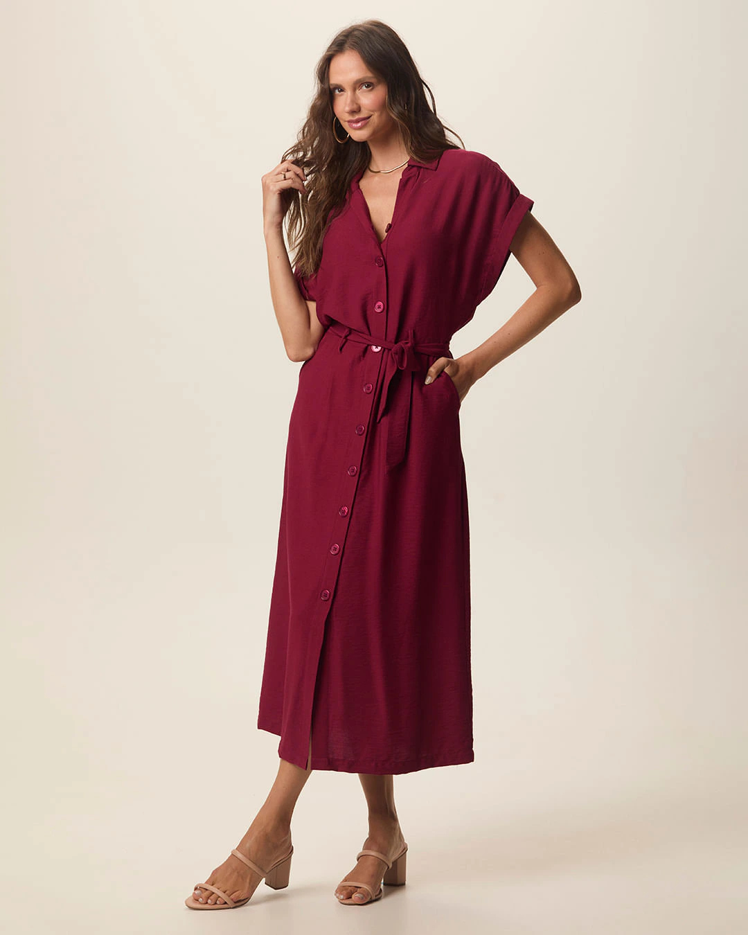Vestido Midi Feminina Chemise Detalhe Amarração Em Tecido Mescla Viscose