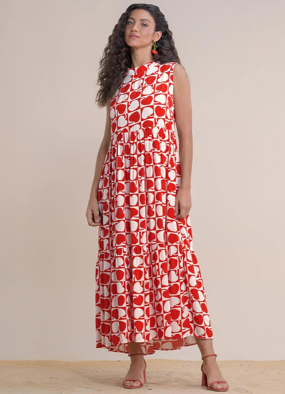 Angel - Vestido Midi Viscose Estampada Vermelho