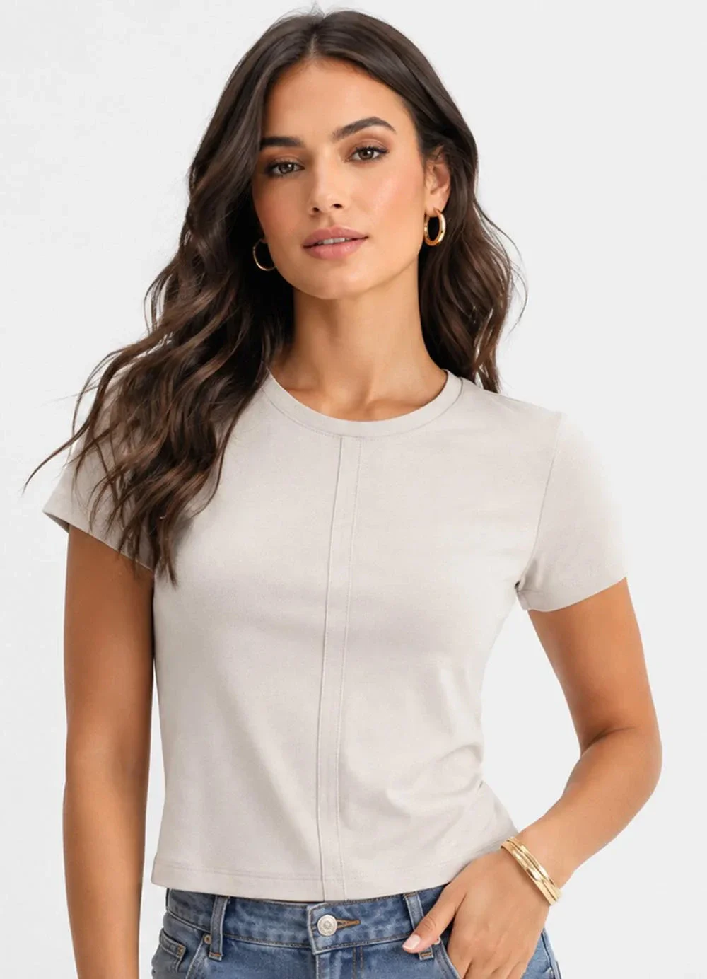 Infinita Cor - Blusa Feminina Manga Curta em Visco Bege
