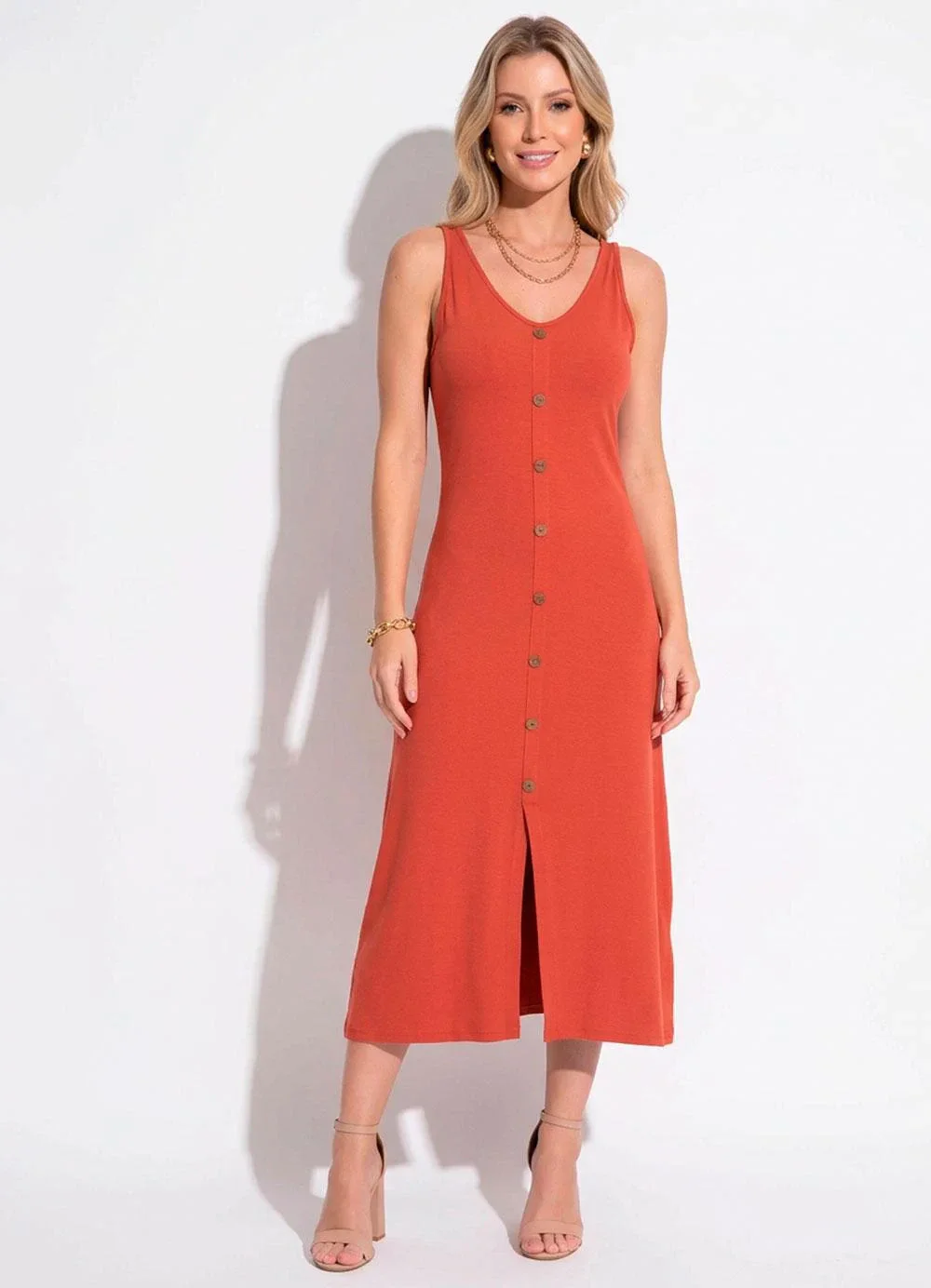 Quintess - Vestido Telha Midi sem Mangas com Botões