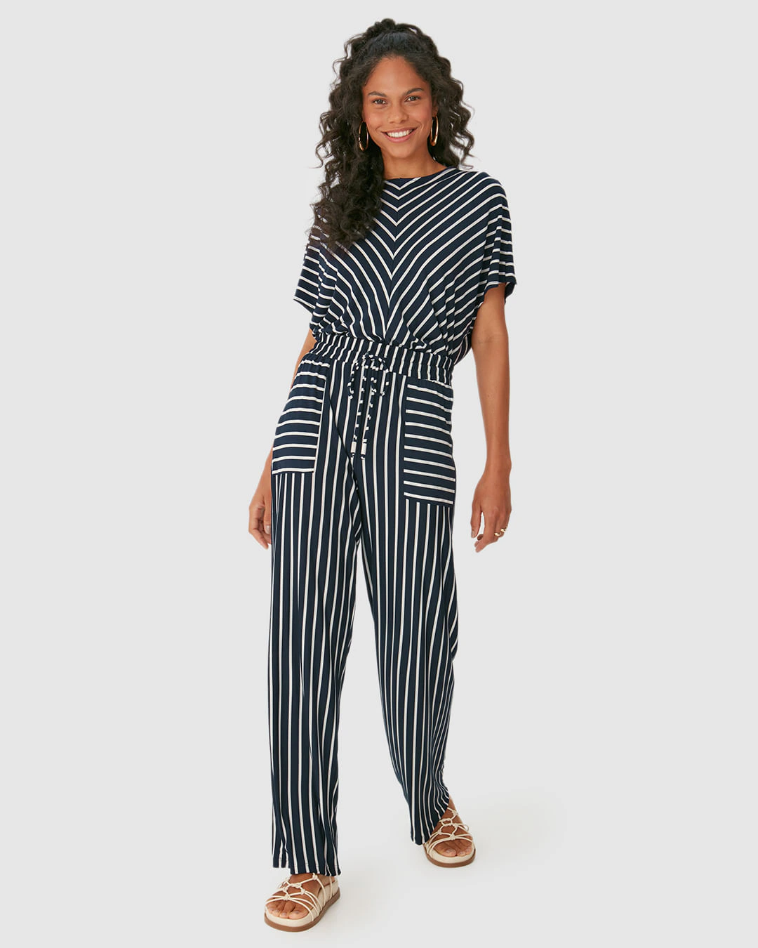 Calça Wide Leg Feminina Bolso Frontal Em Malha Viscose Listrada