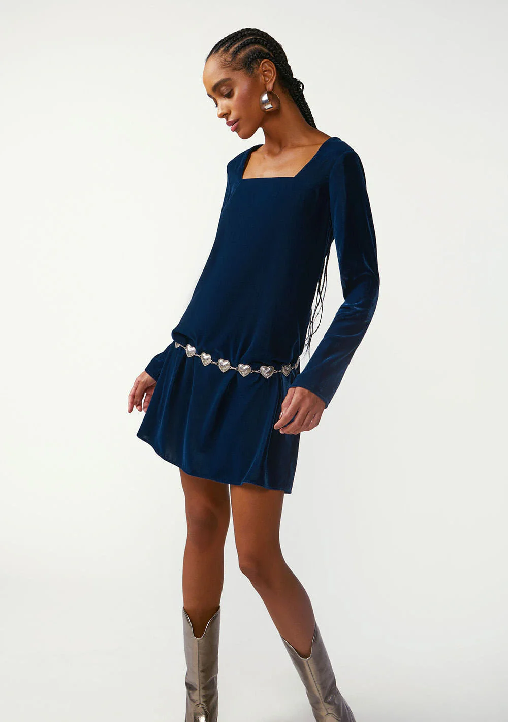 Vestido Zinco Ajustado Decote Reto Manga Longa Curto Azul