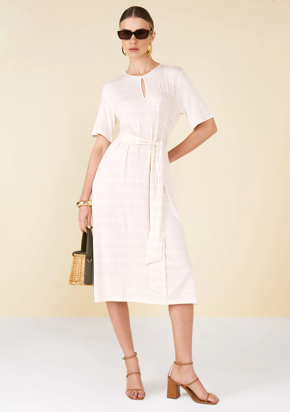 Vestido Maria.Valentina Midi Decote Redondo Com Amarração Bege
