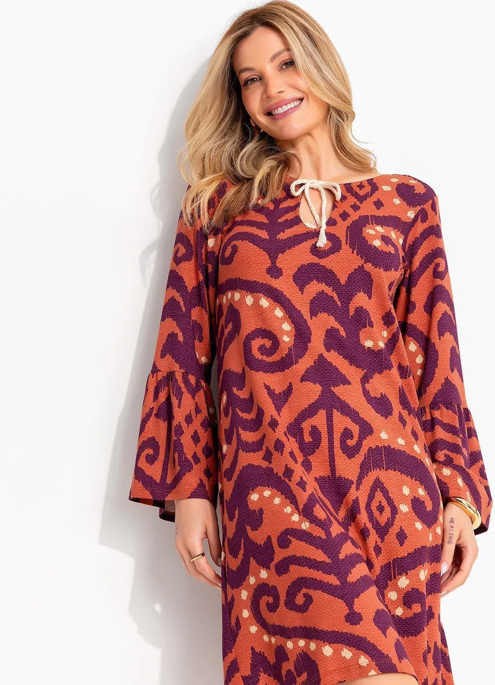 Quintess - Vestido Abstrato Laranja em Malha de Viscose