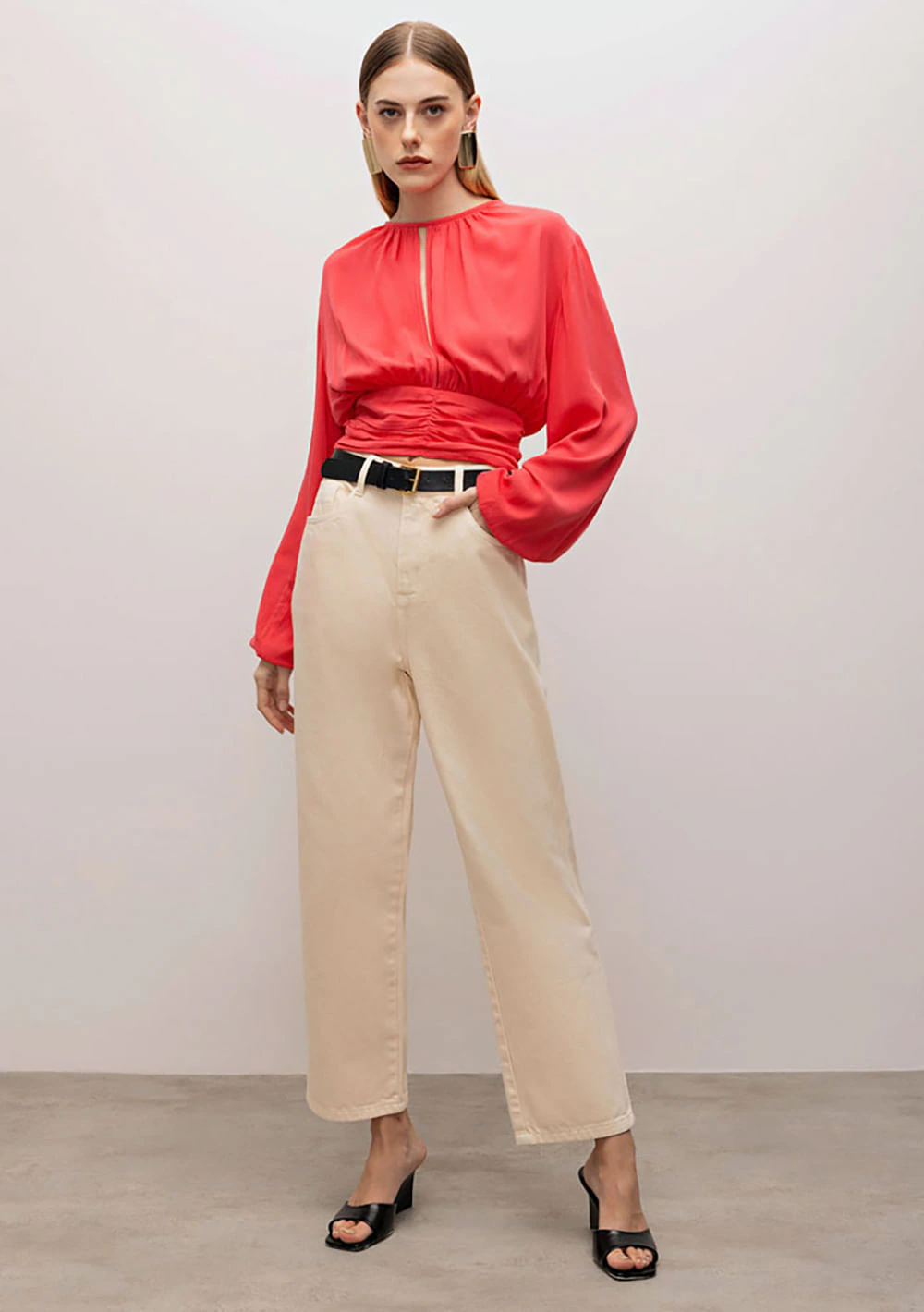 Blusa Iódice Gola Alta Manga Longa Abertura Frente Rosa