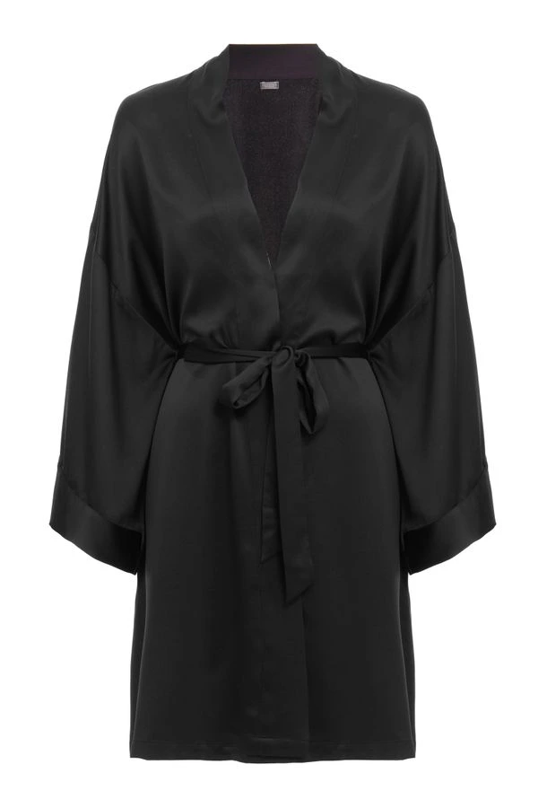 Robe Curto Manga Longa Cetim Bella Luna Preto