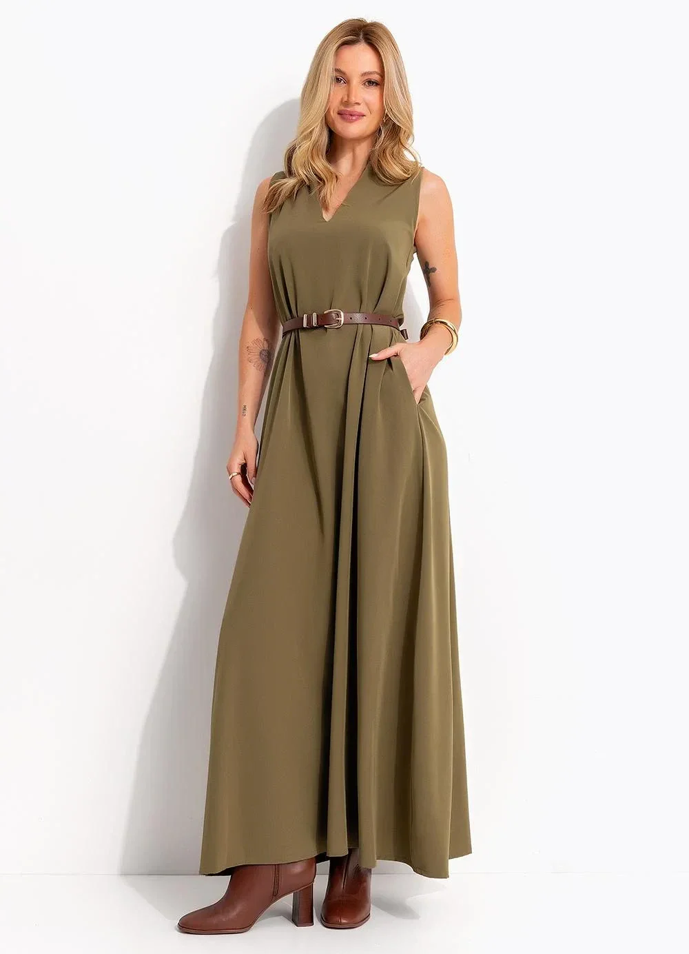 Quintess - Vestido Verde Oliva em Poliéster com Elastano