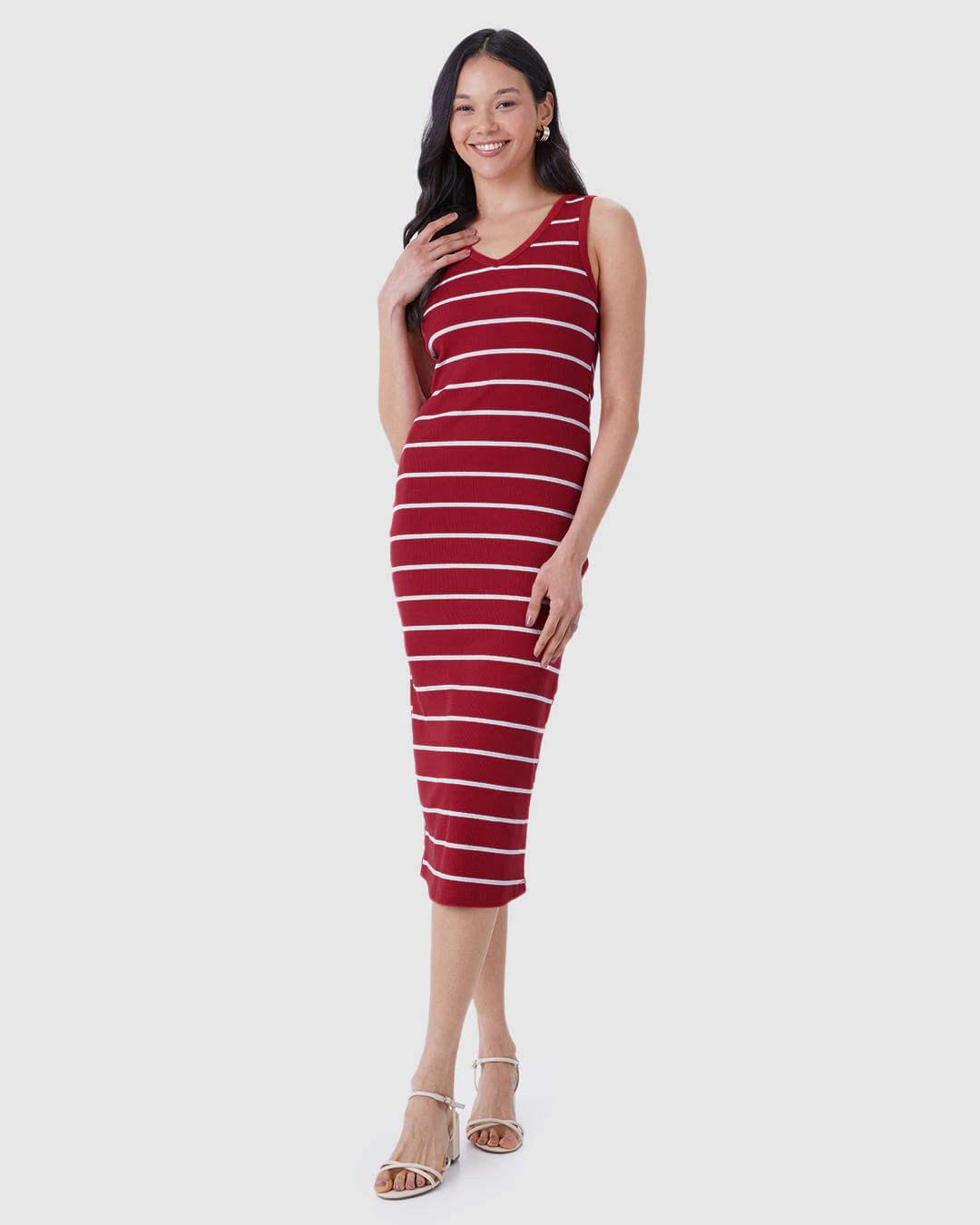 Vestido Midi Feminino Decote V Listrado Em Ribana