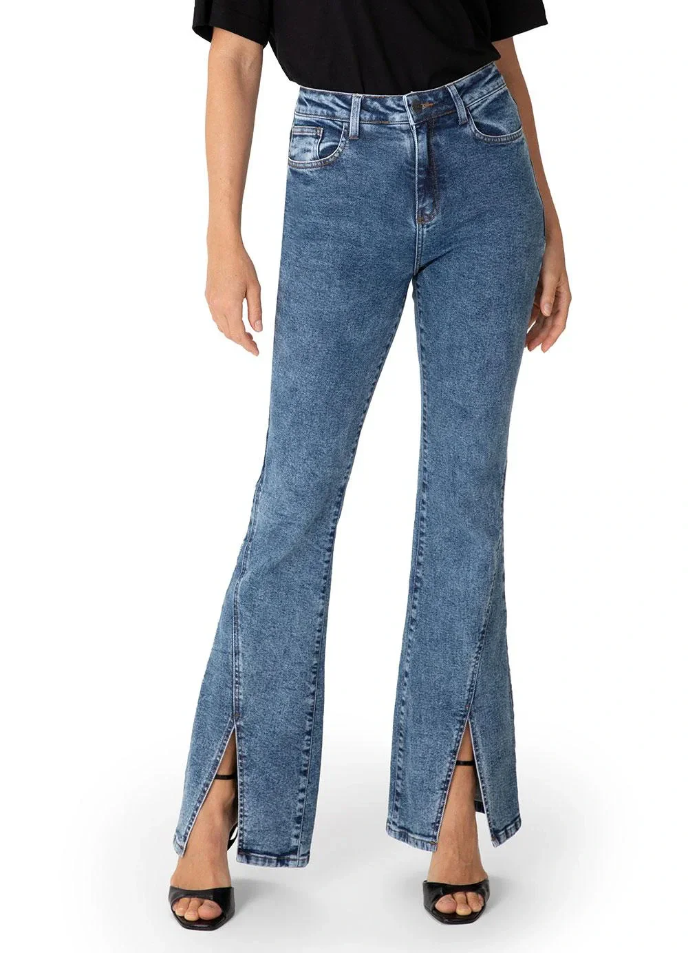 Enfim - Calça Flare com Fenda Cintura Alta Jeans Azul
