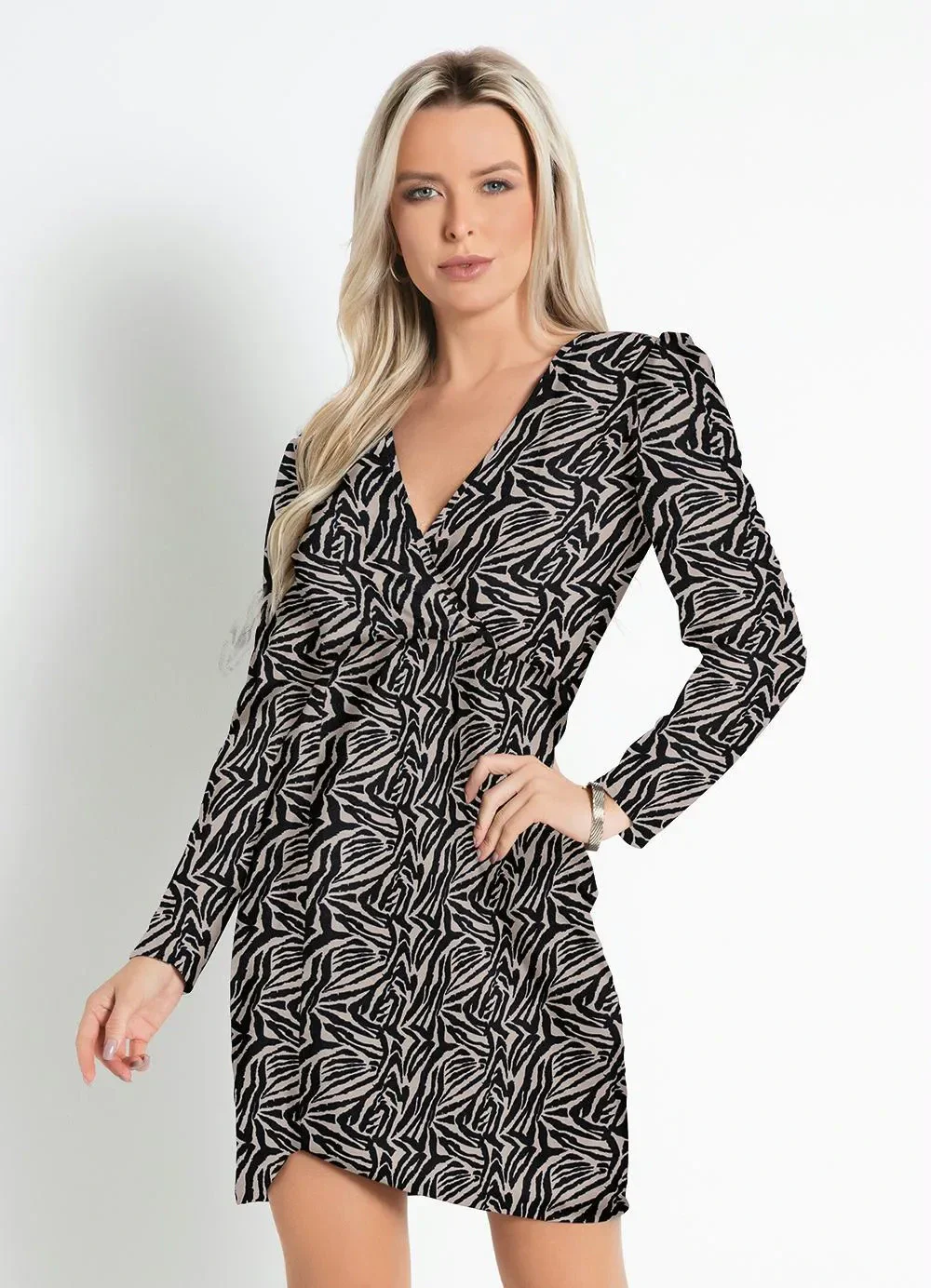 Moda Pop - Vestido Zebra com Decote Transpassado