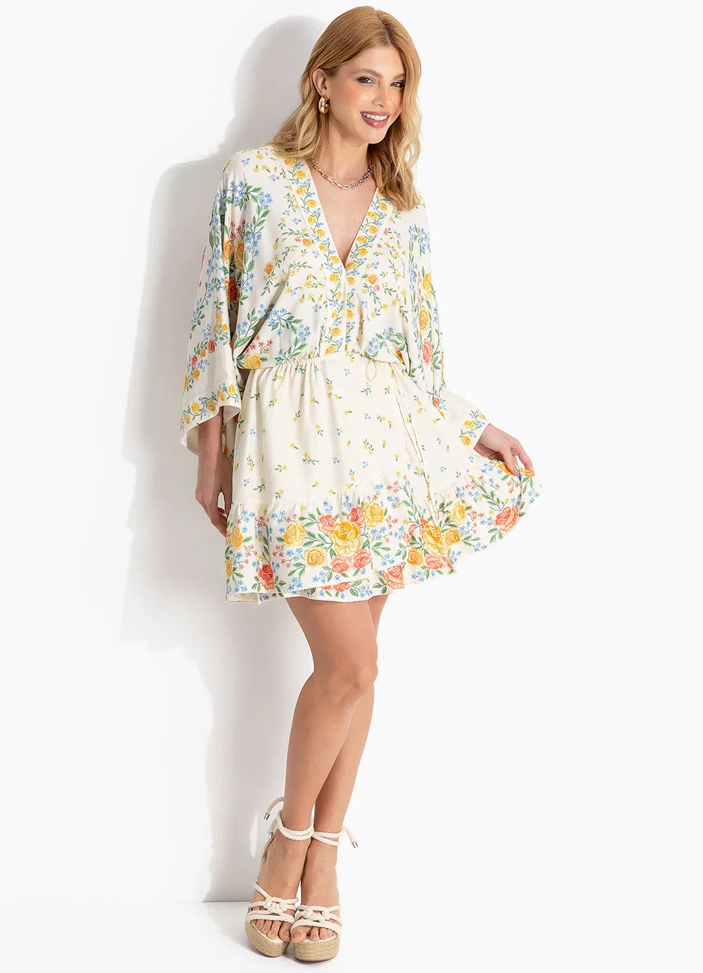 Farm - Vestido Curto Manga Aurora Bege